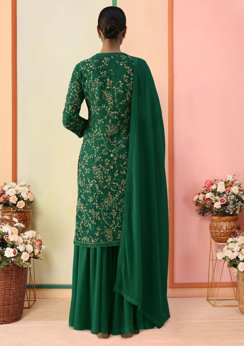 Bottle Green Embroidered Georgette Sharara Set - Indya