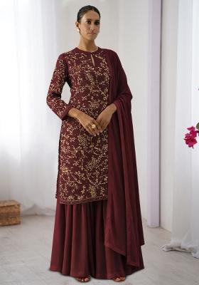 Wine Embroidered Georgette Sharara Set