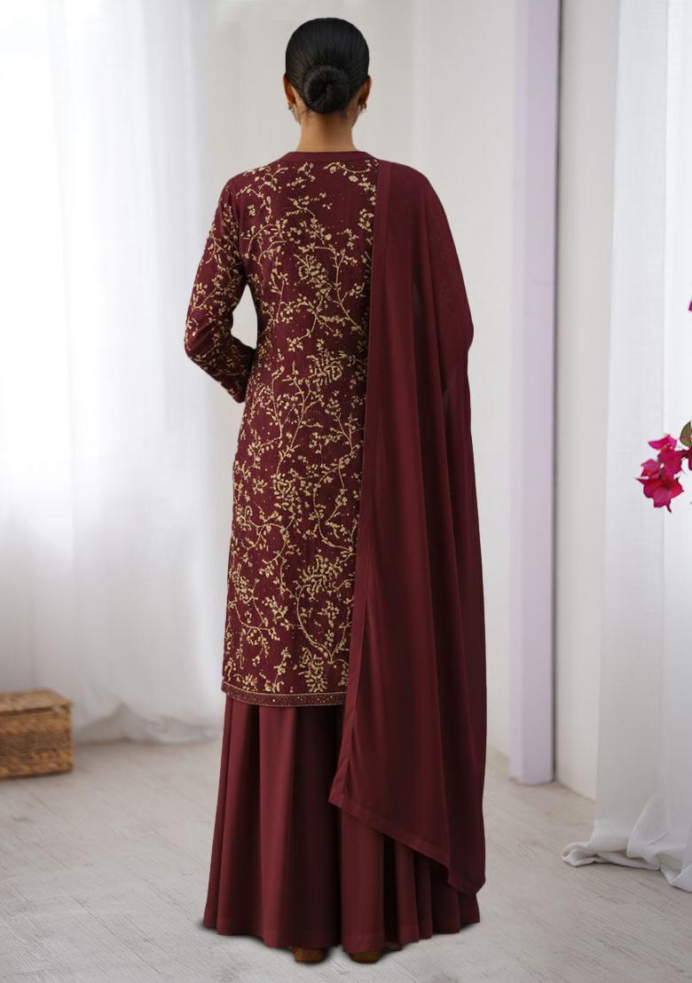 Wine Embroidered Georgette Sharara Set - Indya
