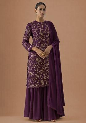 Purple Embroidered Georgette Sharara Set