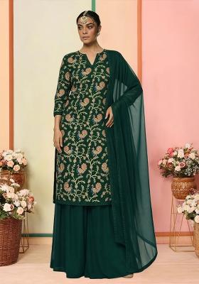 Bottle Green Figure Print Crepe Sharara Set