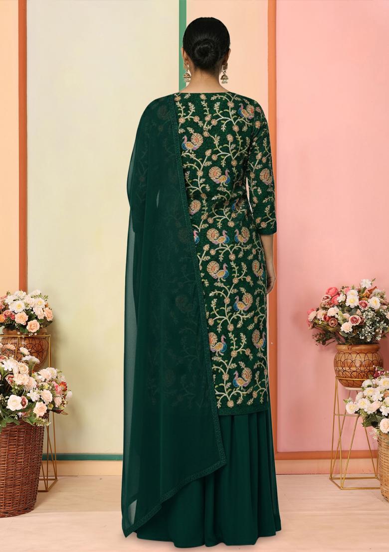 Bottle Green Figure Print Crepe Sharara Set - Indya