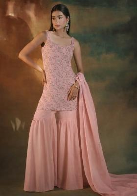 Pink Embroidered Linen Sharara Set