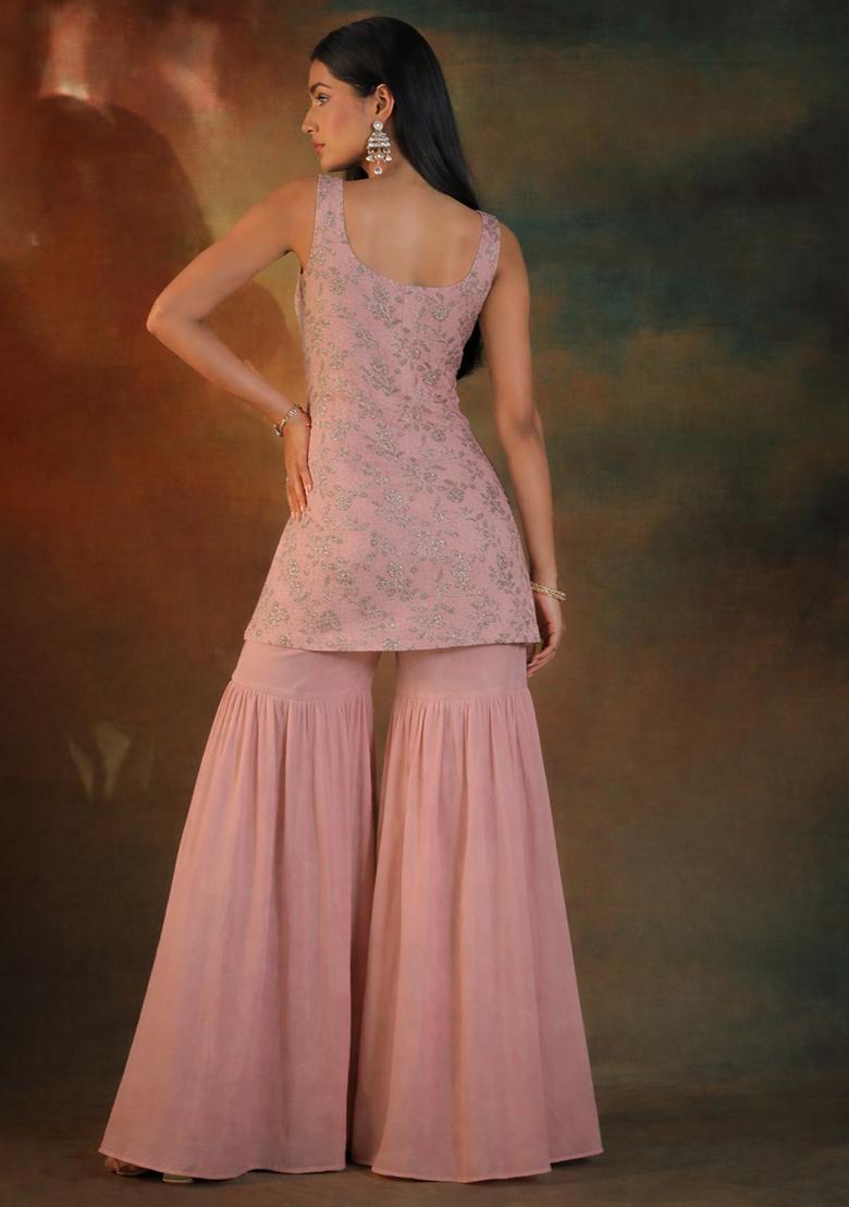 Pink Embroidered Linen Sharara Set - Indya