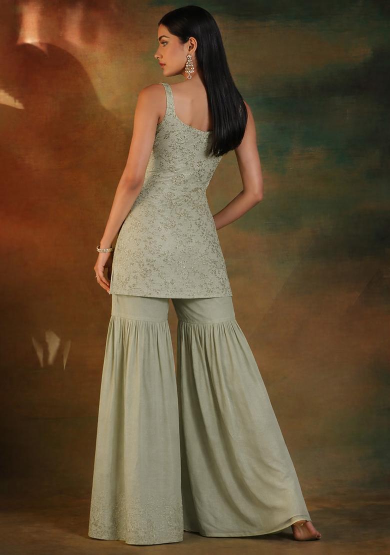 Olive Green Embroidered Linen Sharara Set - Indya