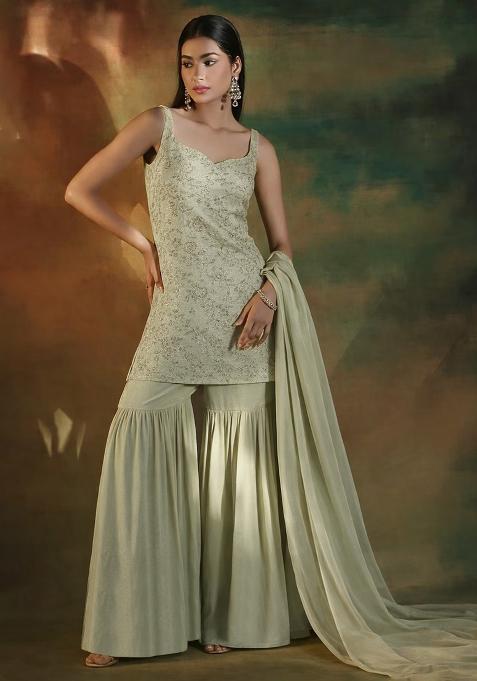 Olive Green Embroidered Linen Sharara Set