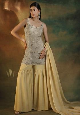 Beige Gold Embroidered Linen Sharara Set