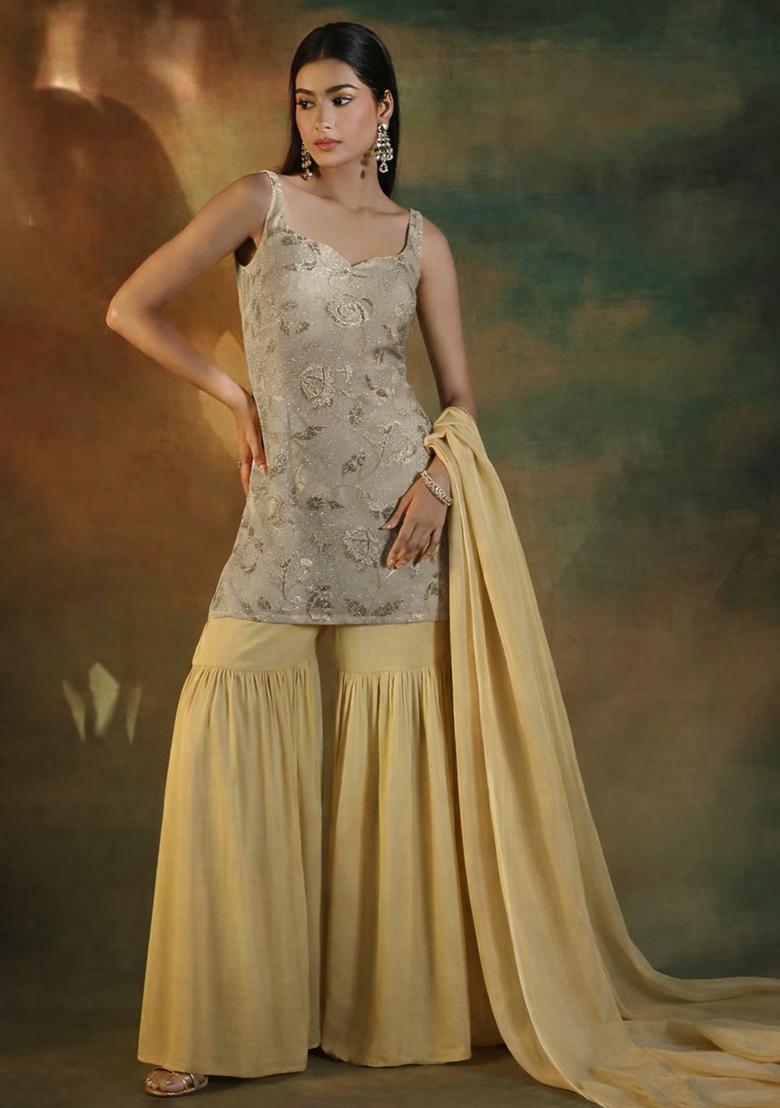 Beige Gold Embroidered Linen Sharara Set - Indya