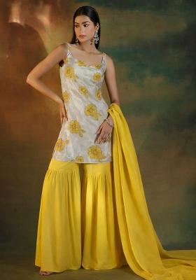 Yellow Embroidered Crepe Sharara Set