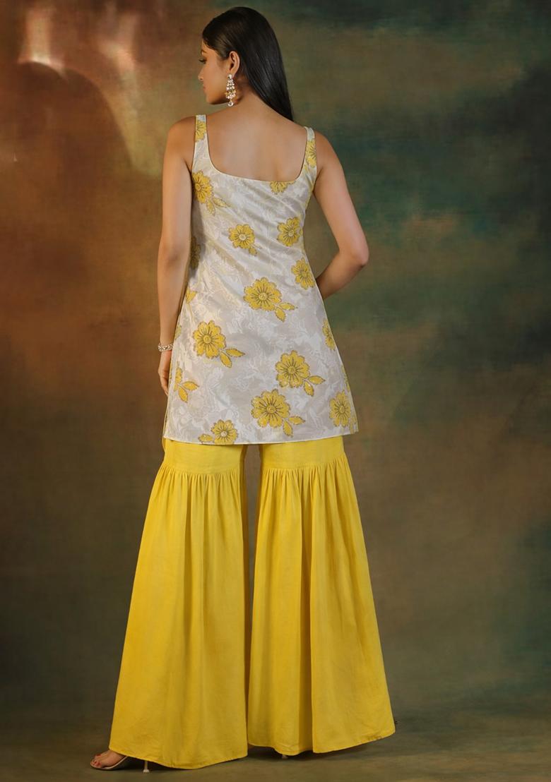 Yellow Embroidered Crepe Sharara Set - Indya