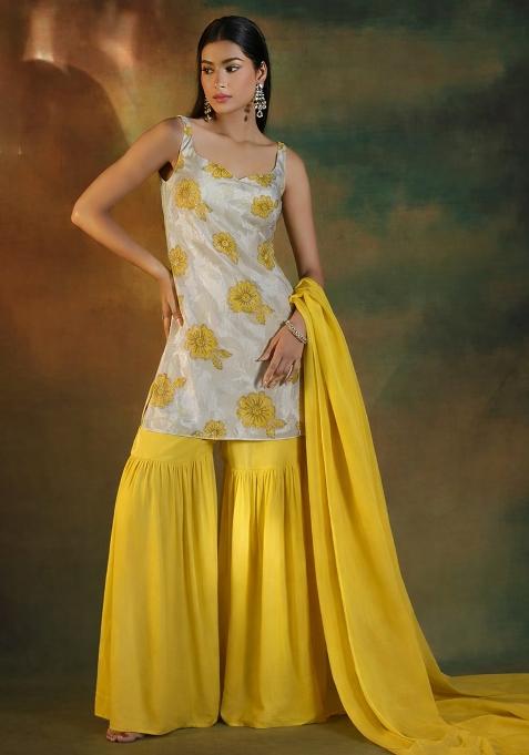 Yellow Embroidered Crepe Sharara Set