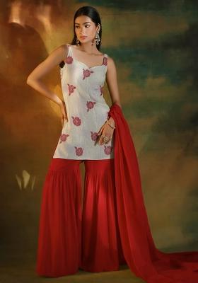Red Embroidered Crepe Sharara Set