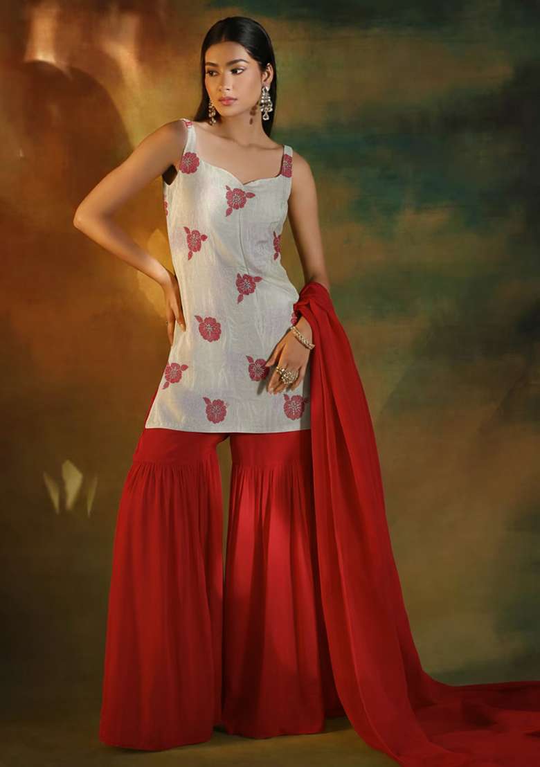 Red Embroidered Crepe Sharara Set - Indya