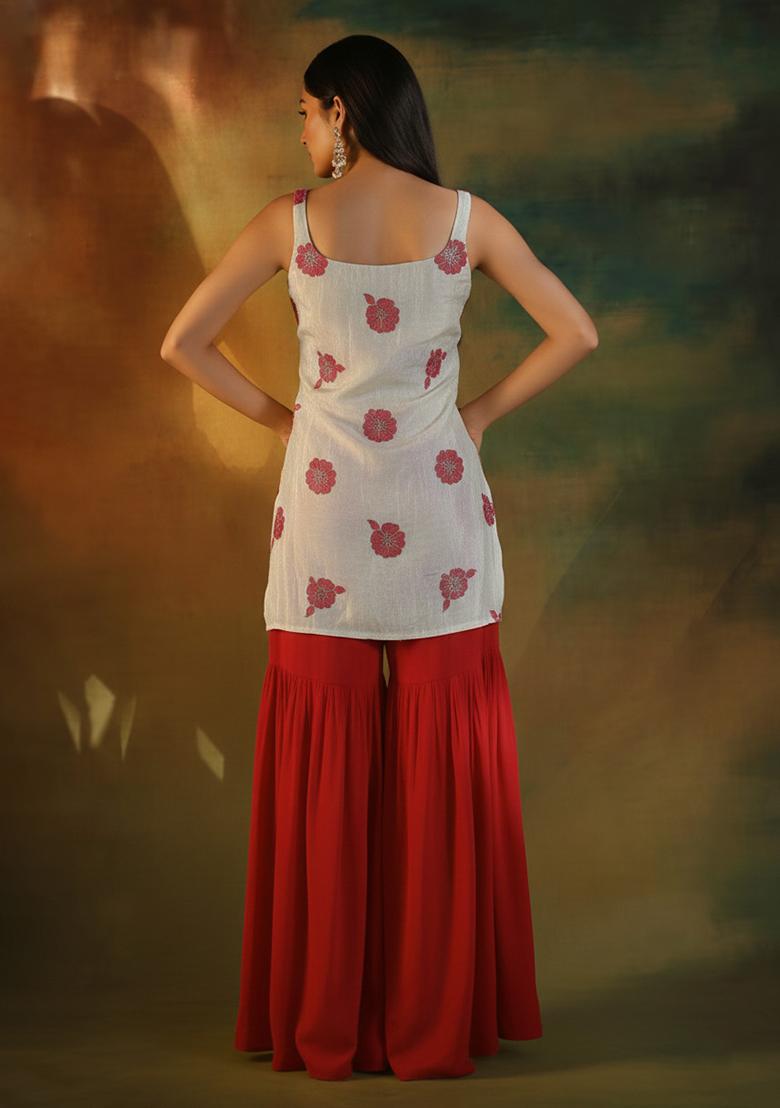 Red Embroidered Crepe Sharara Set - Indya