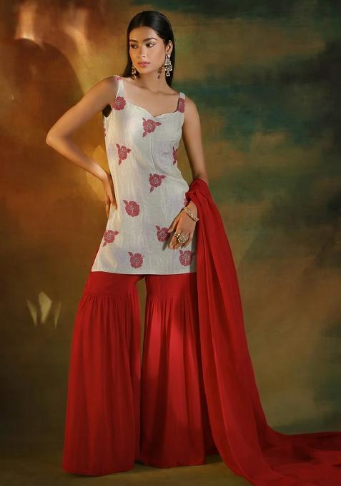 Red Embroidered Crepe Sharara Set