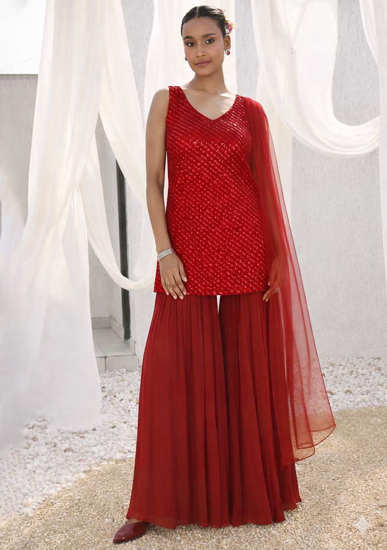 Red Embroidered Georgette Sharara Set - Indya
