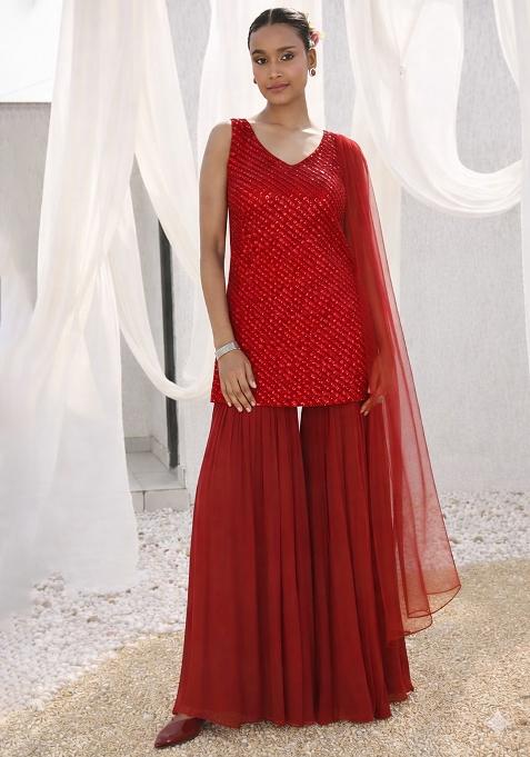 Red Embroidered Georgette Sharara Set