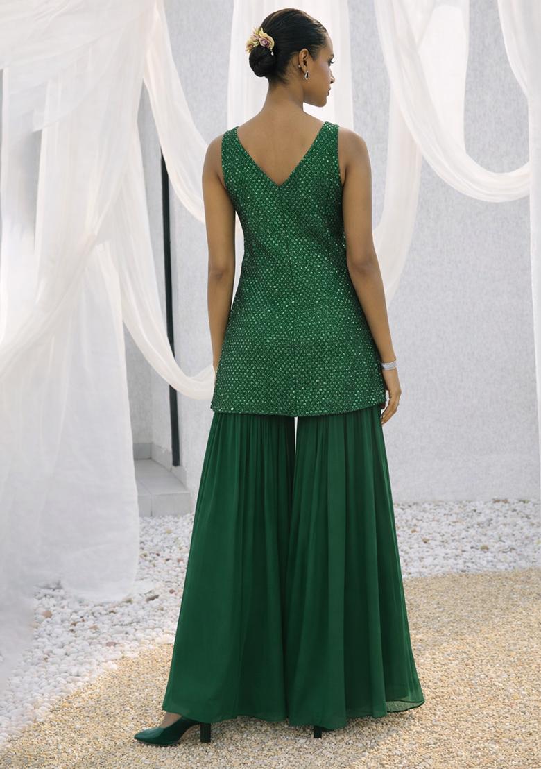 Bottle Green Embroidered Georgette Sharara Set - Indya