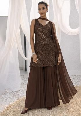 Brown Embroidered Georgette Sharara Set