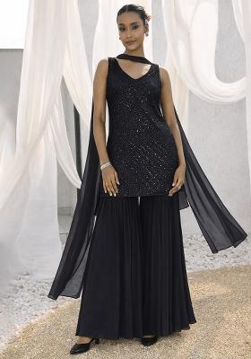 Black Embroidered Georgette Sharara Set