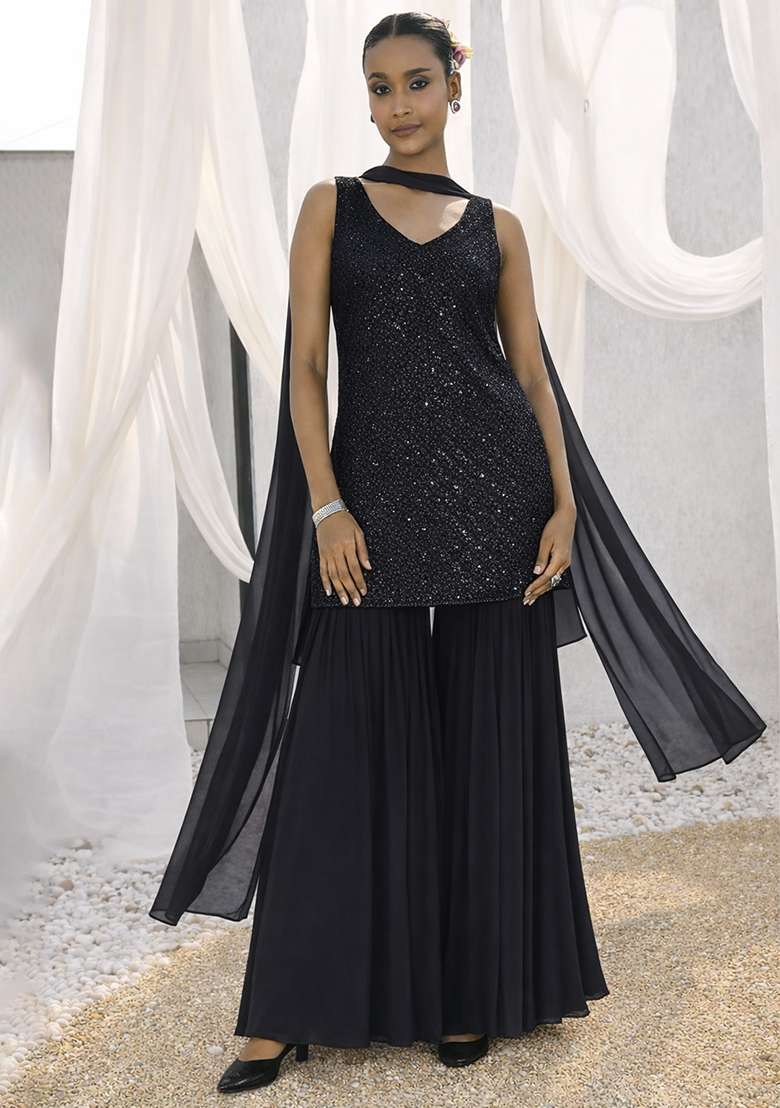 Black Embroidered Georgette Sharara Set - Indya