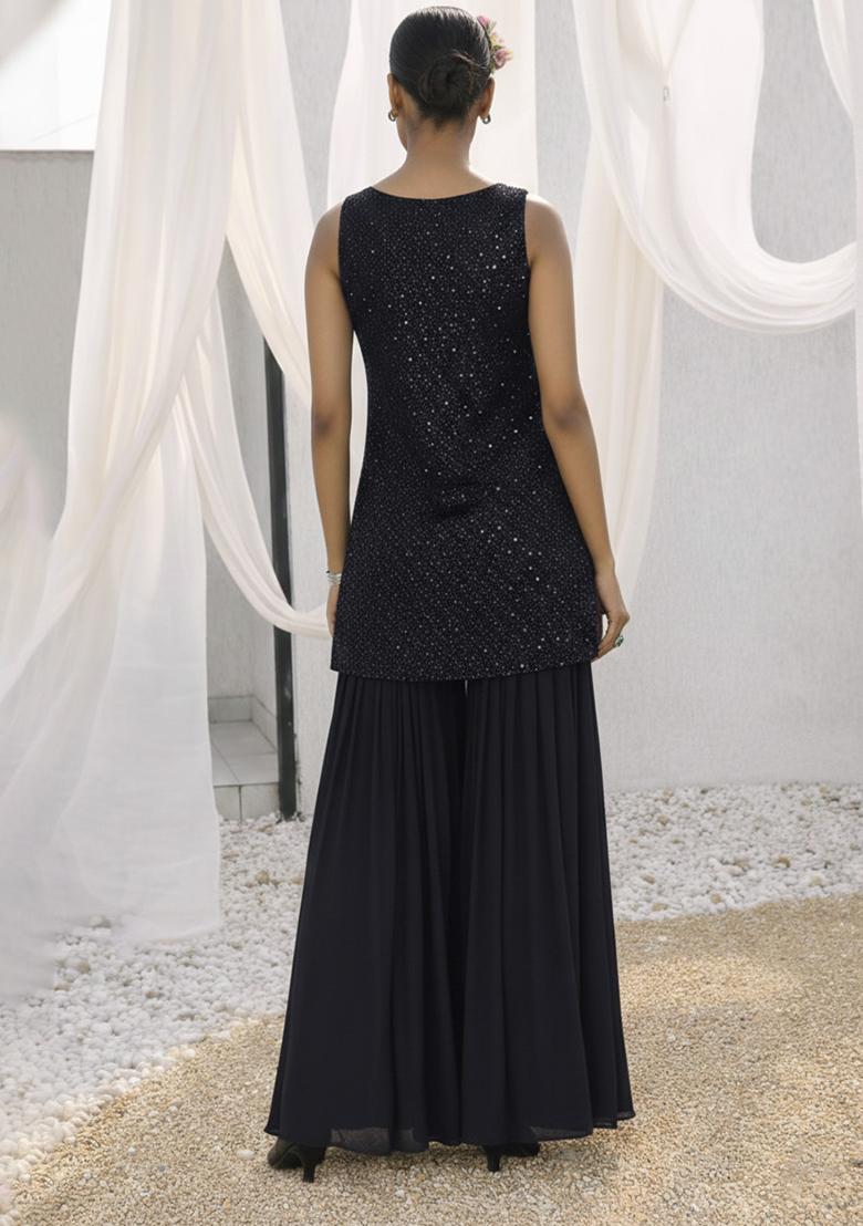 Black Embroidered Georgette Sharara Set - Indya