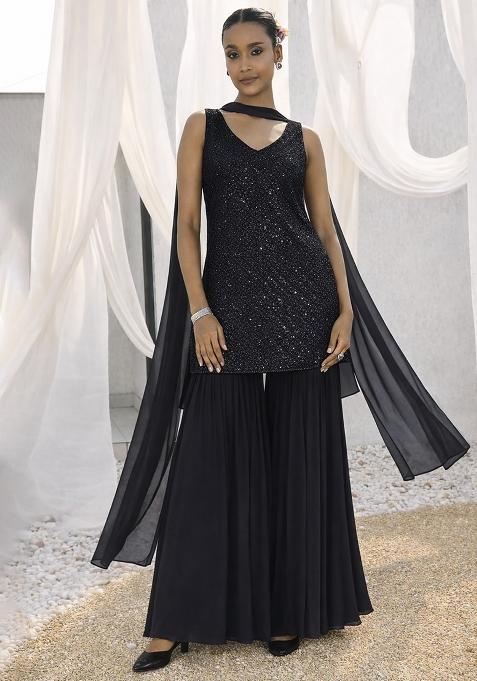 Black Embroidered Georgette Sharara Set