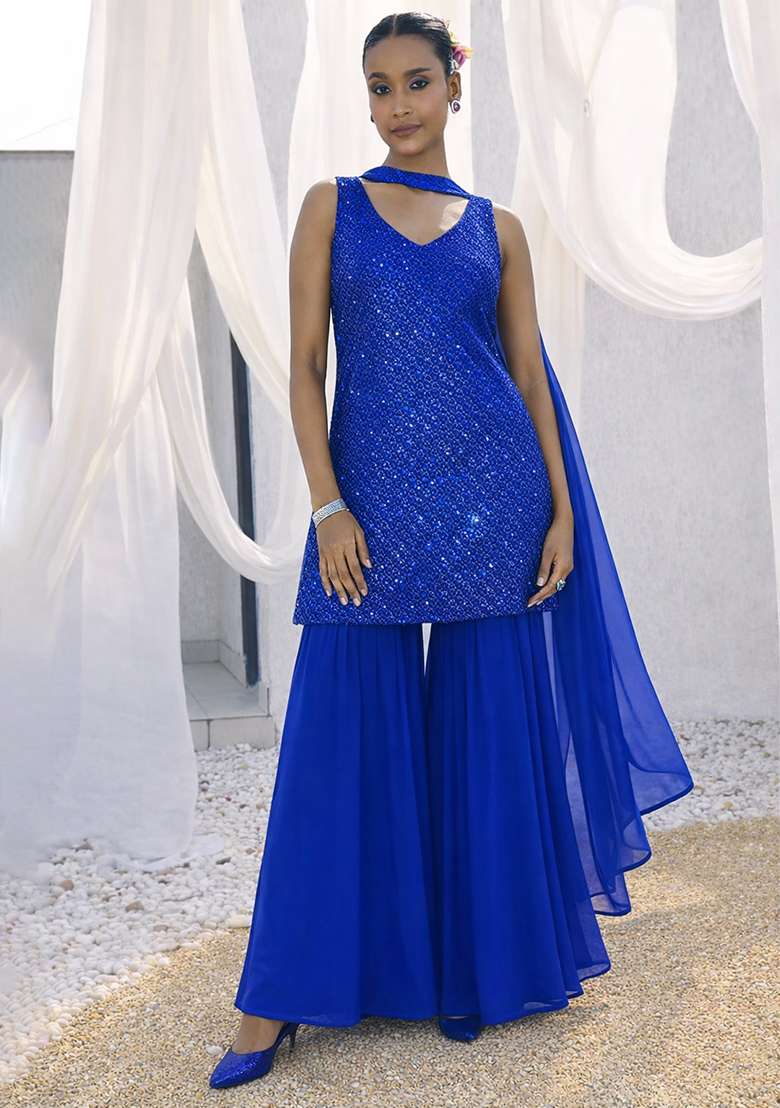 Royal Blue Embroidered Georgette Sharara Set - Indya