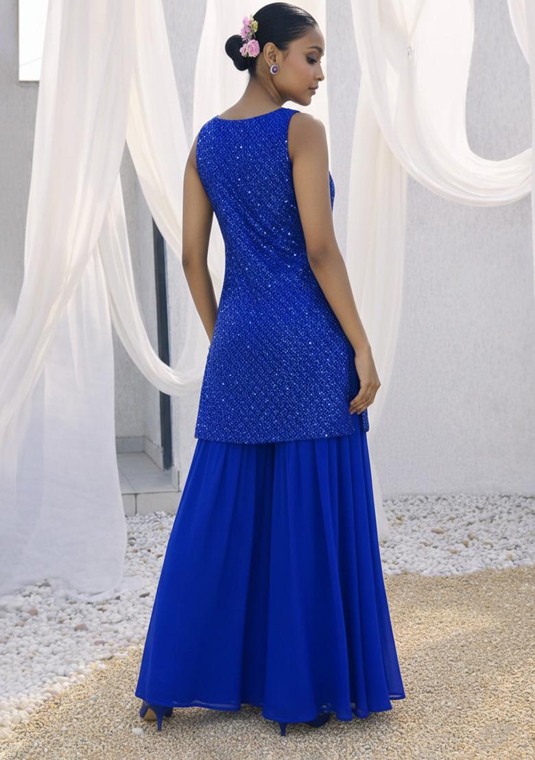 Royal Blue Embroidered Georgette Sharara Set - Indya