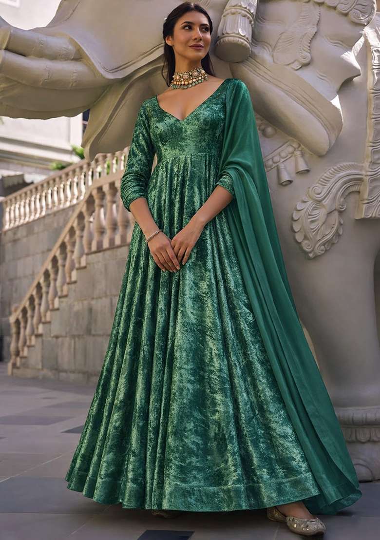 Bottle Green Solid Velvet Anarkali With Dupatta - Indya
