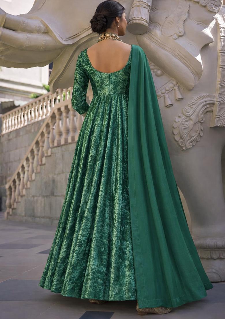 Bottle Green Solid Velvet Anarkali With Dupatta - Indya