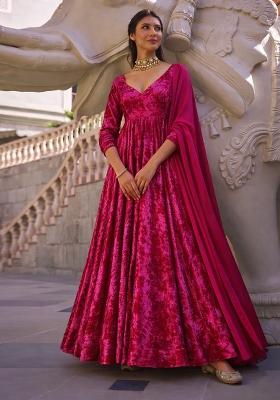Rani Pink Solid Velvet Anarkali With Dupatta