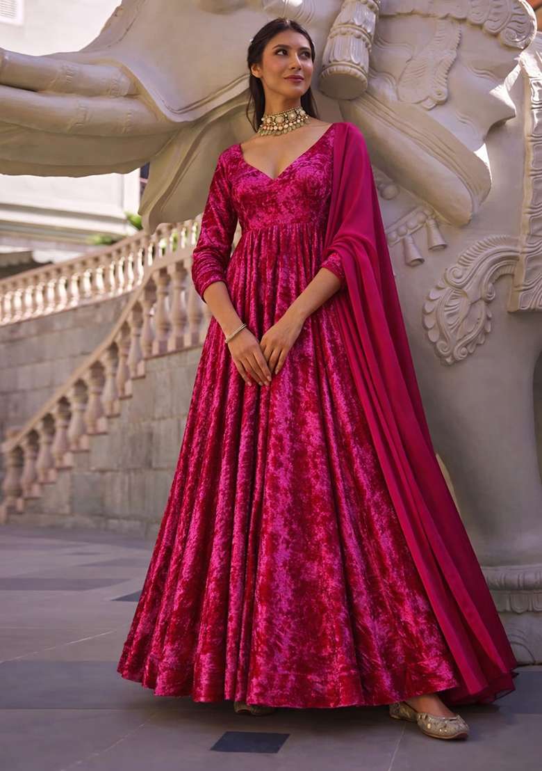 Rani Pink Solid Velvet Anarkali With Dupatta - Indya