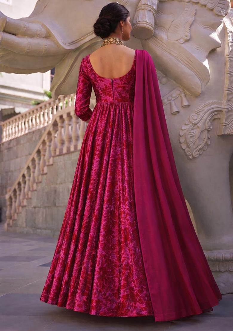 Rani Pink Solid Velvet Anarkali With Dupatta - Indya