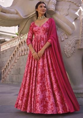 Pink Solid Velvet Anarkali With Dupatta