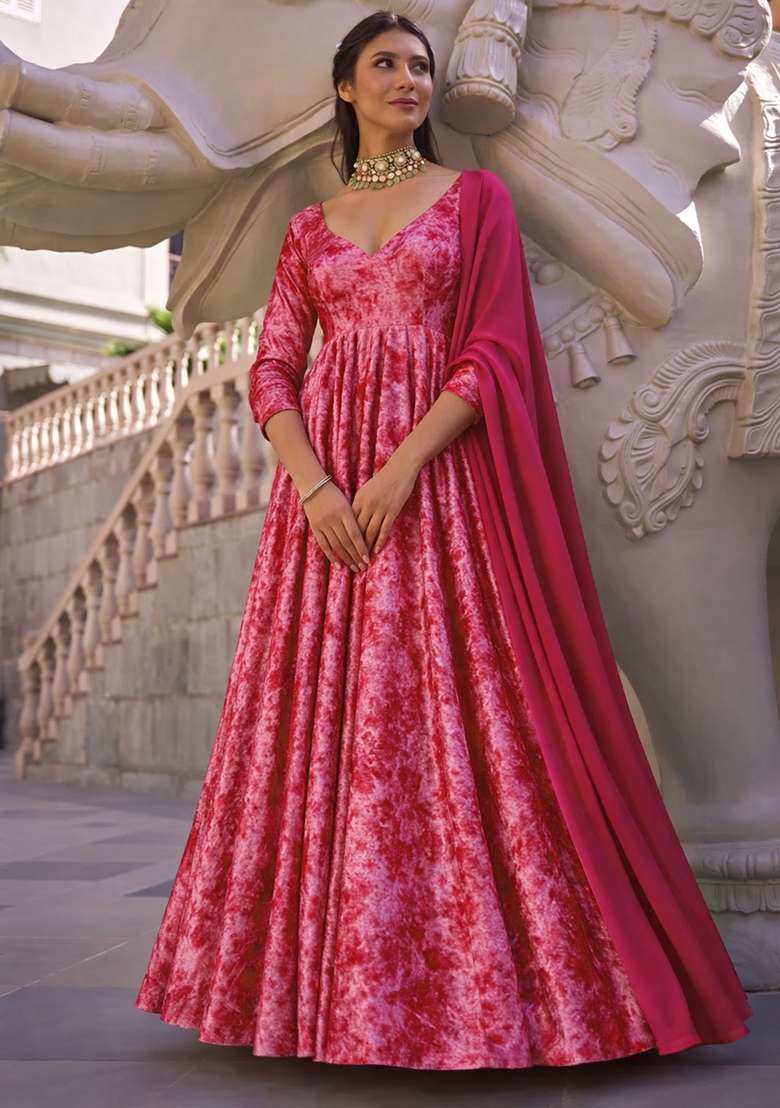 Pink Solid Velvet Anarkali With Dupatta - Indya