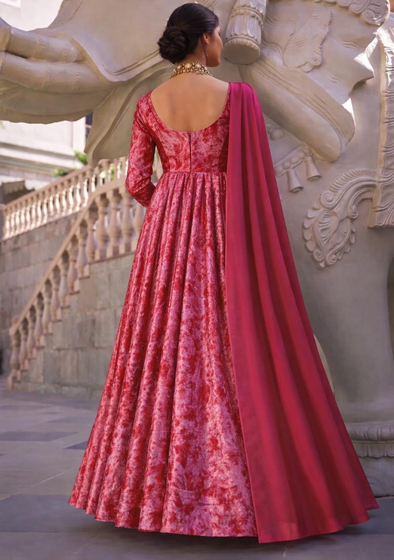 Pink Solid Velvet Anarkali With Dupatta - Indya