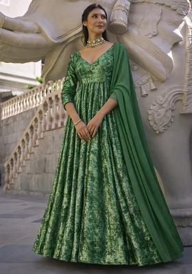 Bottle Green Solid Velvet Anarkali With Dupatta