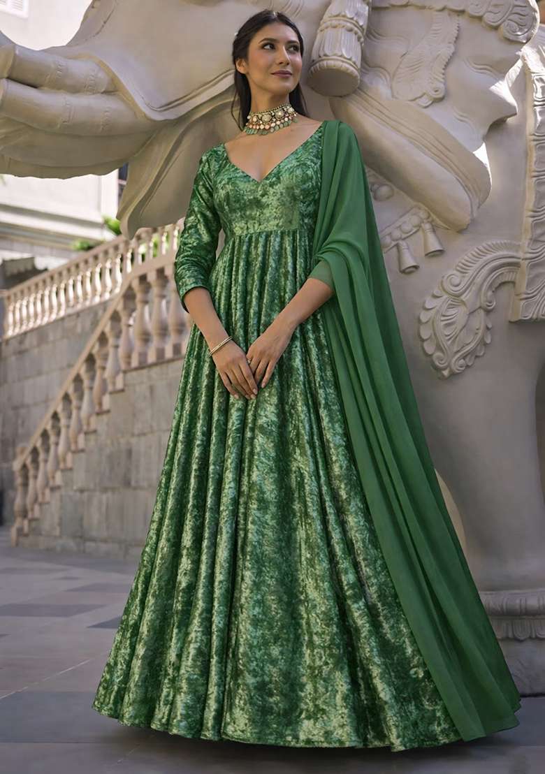 Bottle Green Solid Velvet Anarkali With Dupatta - Indya