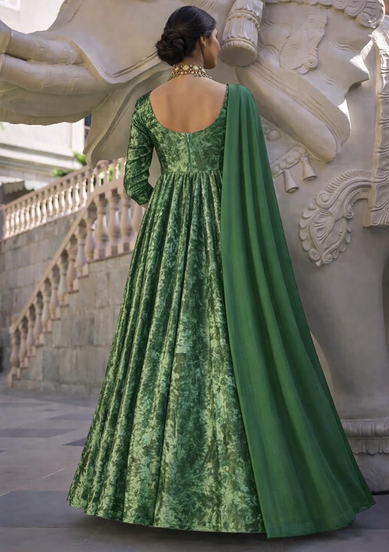 Bottle Green Solid Velvet Anarkali With Dupatta - Indya