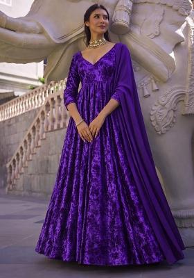 Purple Solid Velvet Anarkali With Dupatta