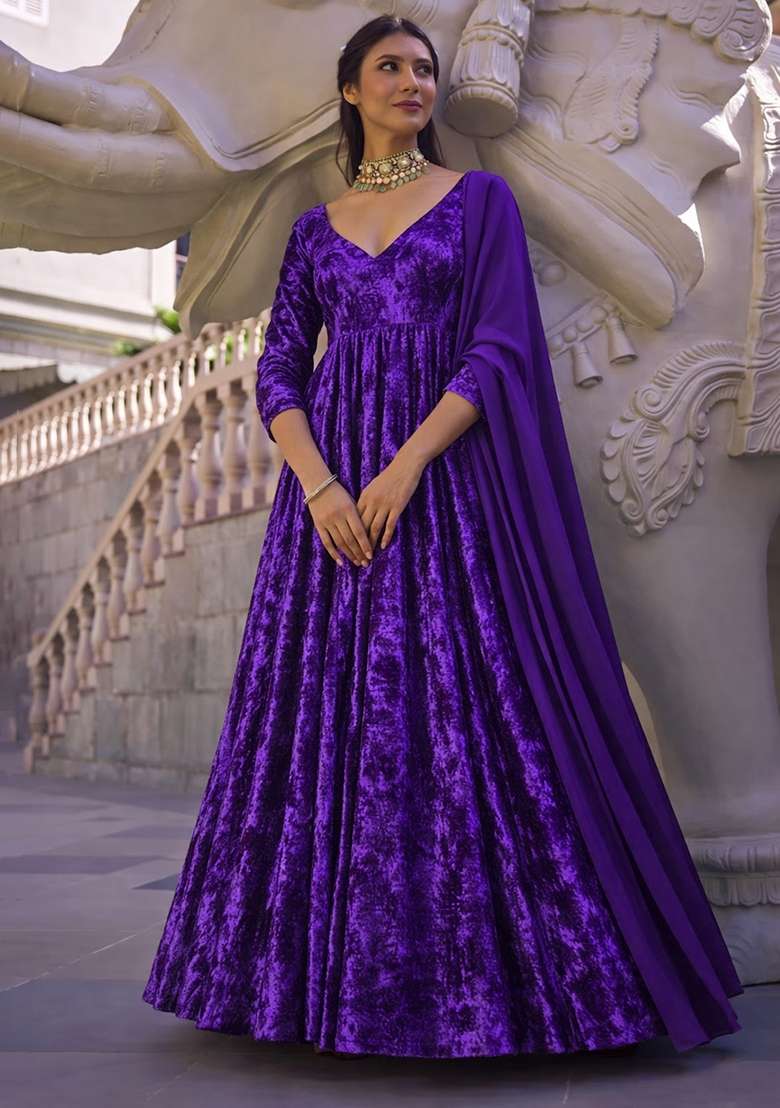 Purple Solid Velvet Anarkali With Dupatta - Indya