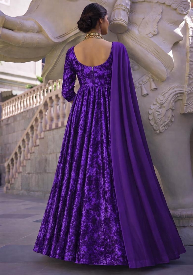 Purple Solid Velvet Anarkali With Dupatta - Indya