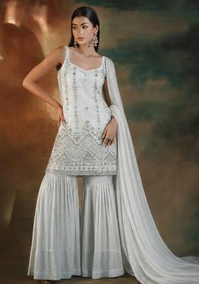 Cream Embroidered Crepe Sharara Set