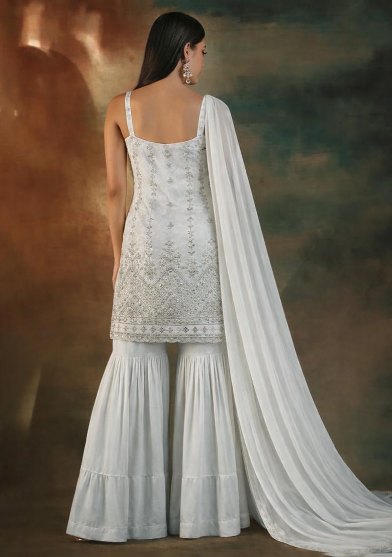 Cream Embroidered Crepe Sharara Set - Indya