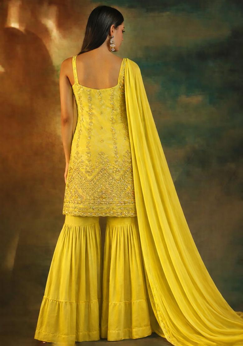 Yellow Embroidered Crepe Sharara Set - Indya