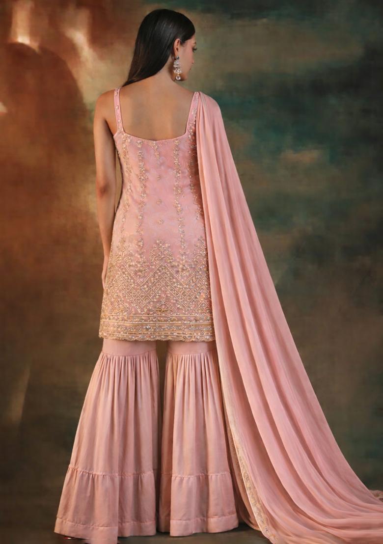 Pink Embroidered Crepe Sharara Set - Indya
