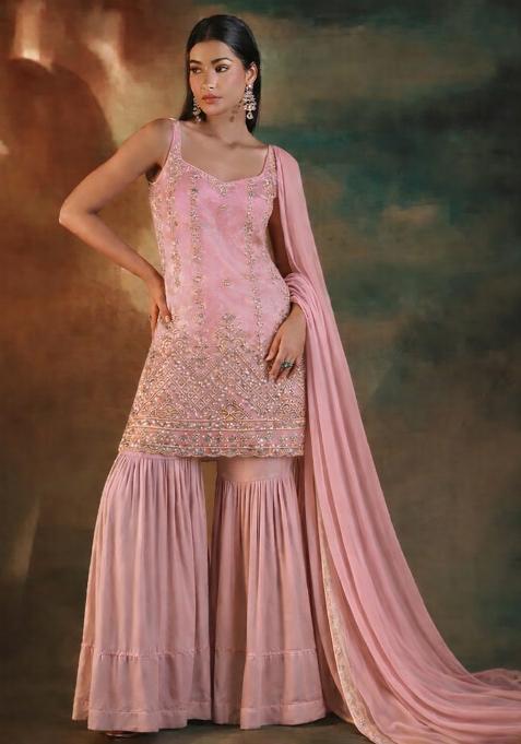 Pink Embroidered Crepe Sharara Set