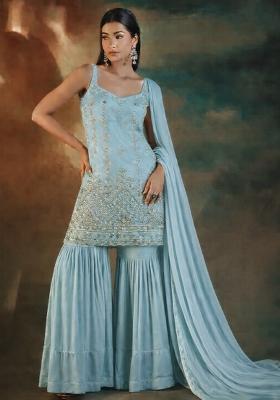 Blue Embroidered Crepe Sharara Set
