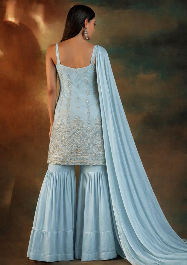 Blue Embroidered Crepe Sharara Set - Indya